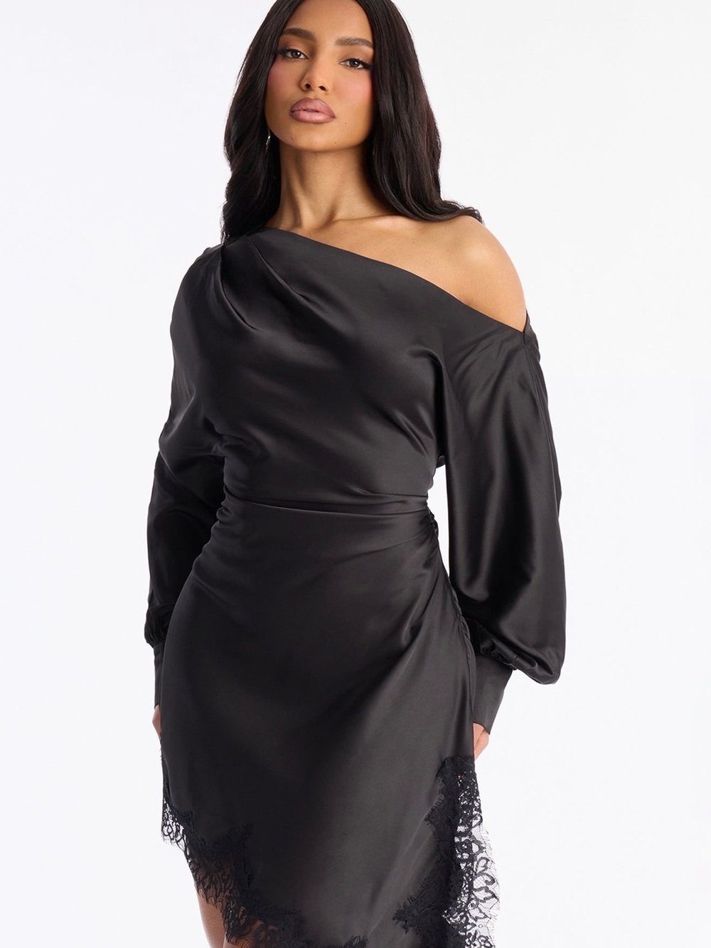 Fashion Nova Black Satin One-Shoulder Asymmetric Dress with Lace Hem - Picture 2 of 3